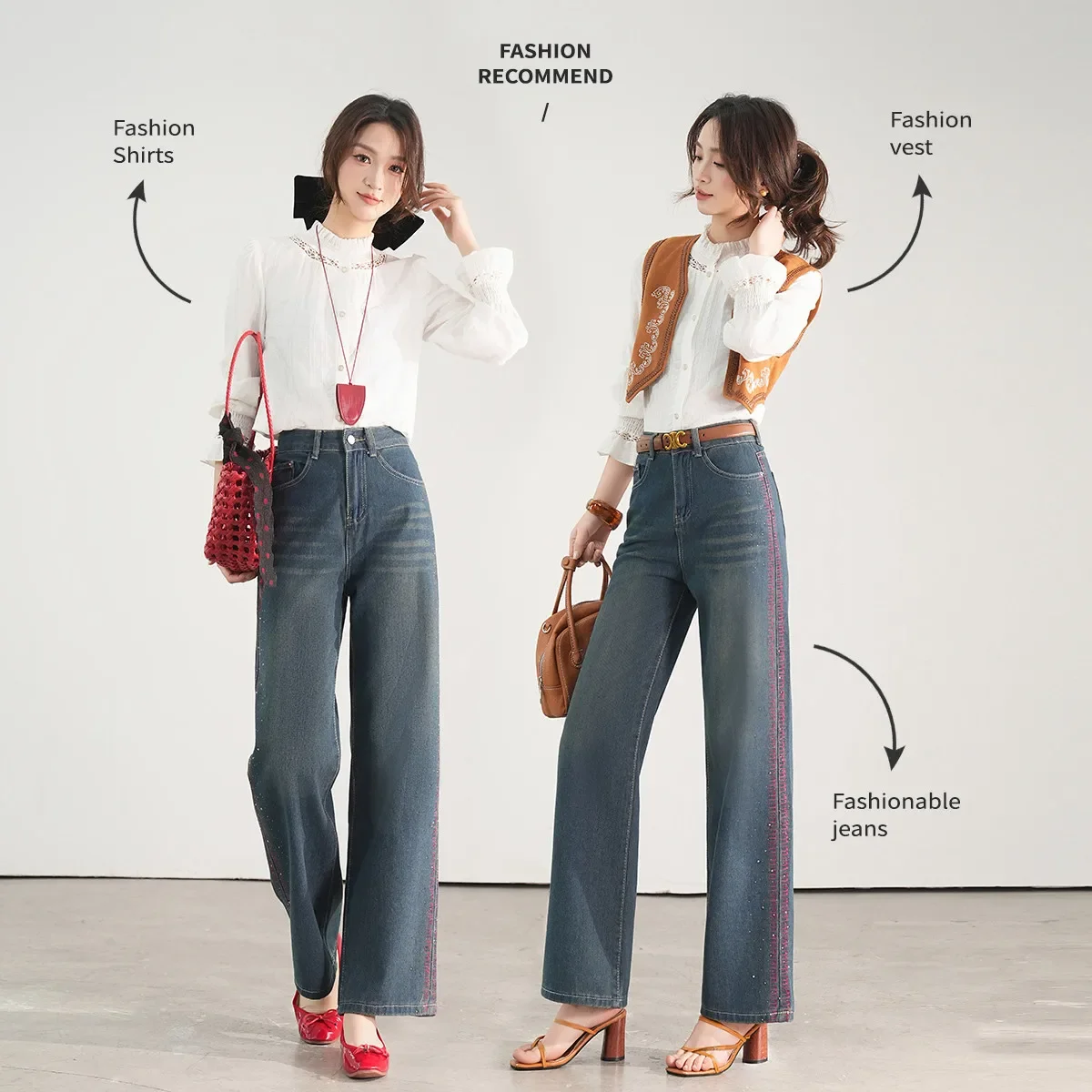 Embroidery Wide Leg Straight Jeans 2025 Summer Simple Wash Long High Waist Loose Denim Pants Retro Fashion Women's Trousers