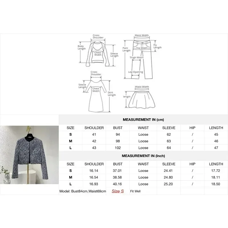 Women Fashion Grey Blue Sequined Top Quality Tweed Long Sleeve Office Lady Short Jacket 2024 Fall Winter New