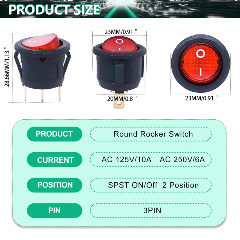 ABGI-6Pcs Boat Rocker Switch Toggle 3 Pins 2 Position ON/Off Red And Green LED Light Illuminated Round For Various Applications