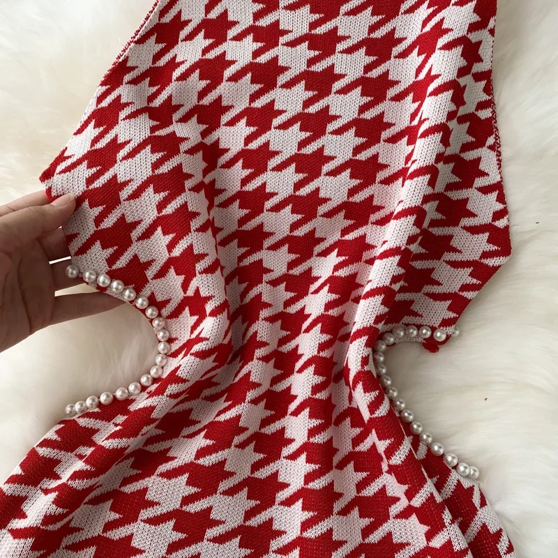 Vestido Bodycon de malha sem mangas Halter para mulheres, mini vestido elástico elegante, vintage Houndstooth, verão, novo, 2024