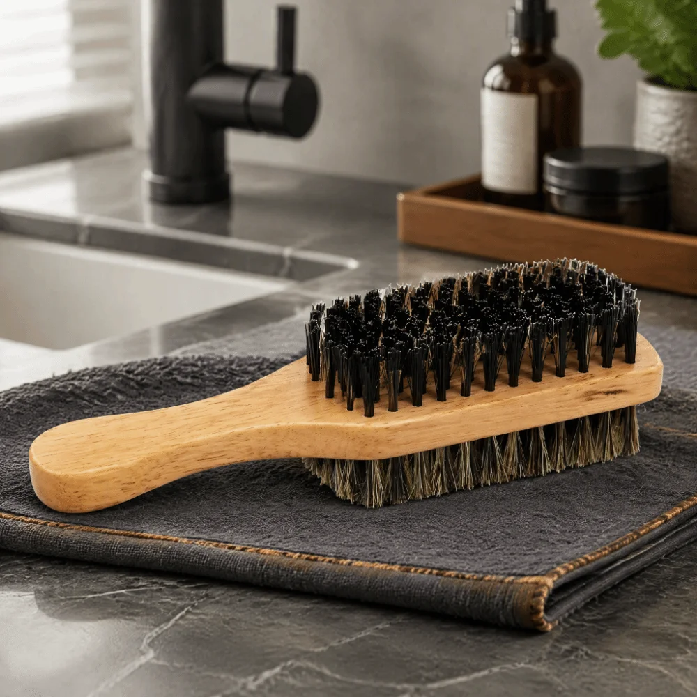 Brown Double Sided Beard Brush Nylon Side Rubber Wood Handle Mustache Brush Detangling Ergonomic Handle Beard Grooming Tool