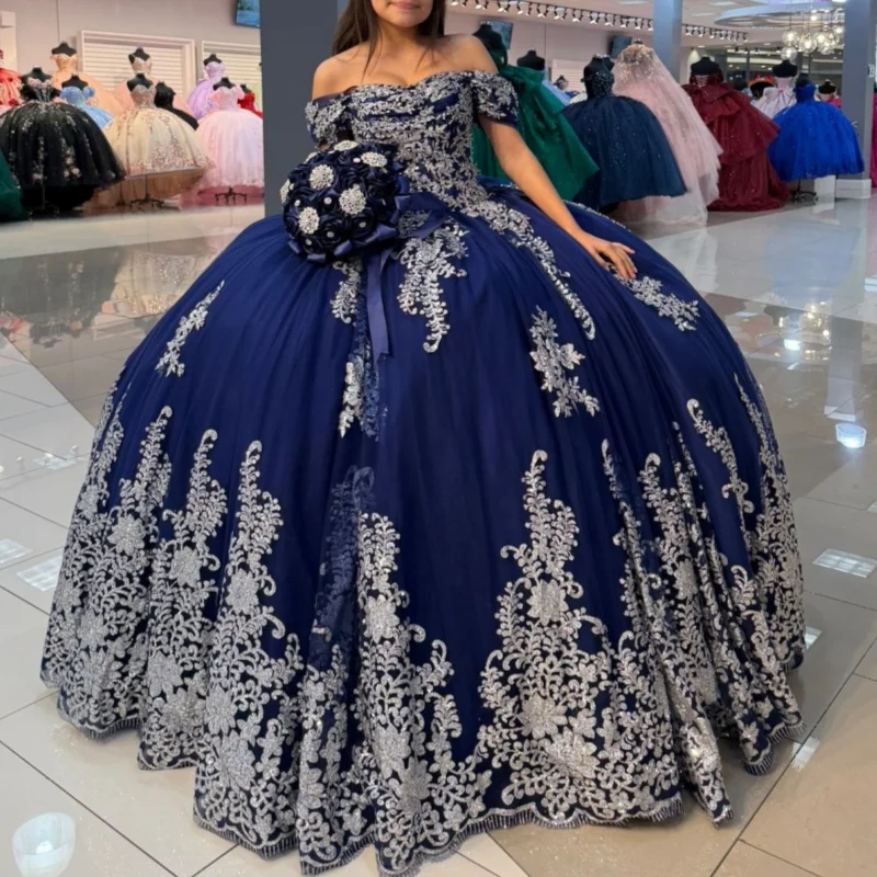 

Dark Blue Quinceanera Dresses Off the Shoulder Glitter Crystal Decal Layering Long tail Bow Vestido e 15 Quinceanera Customize