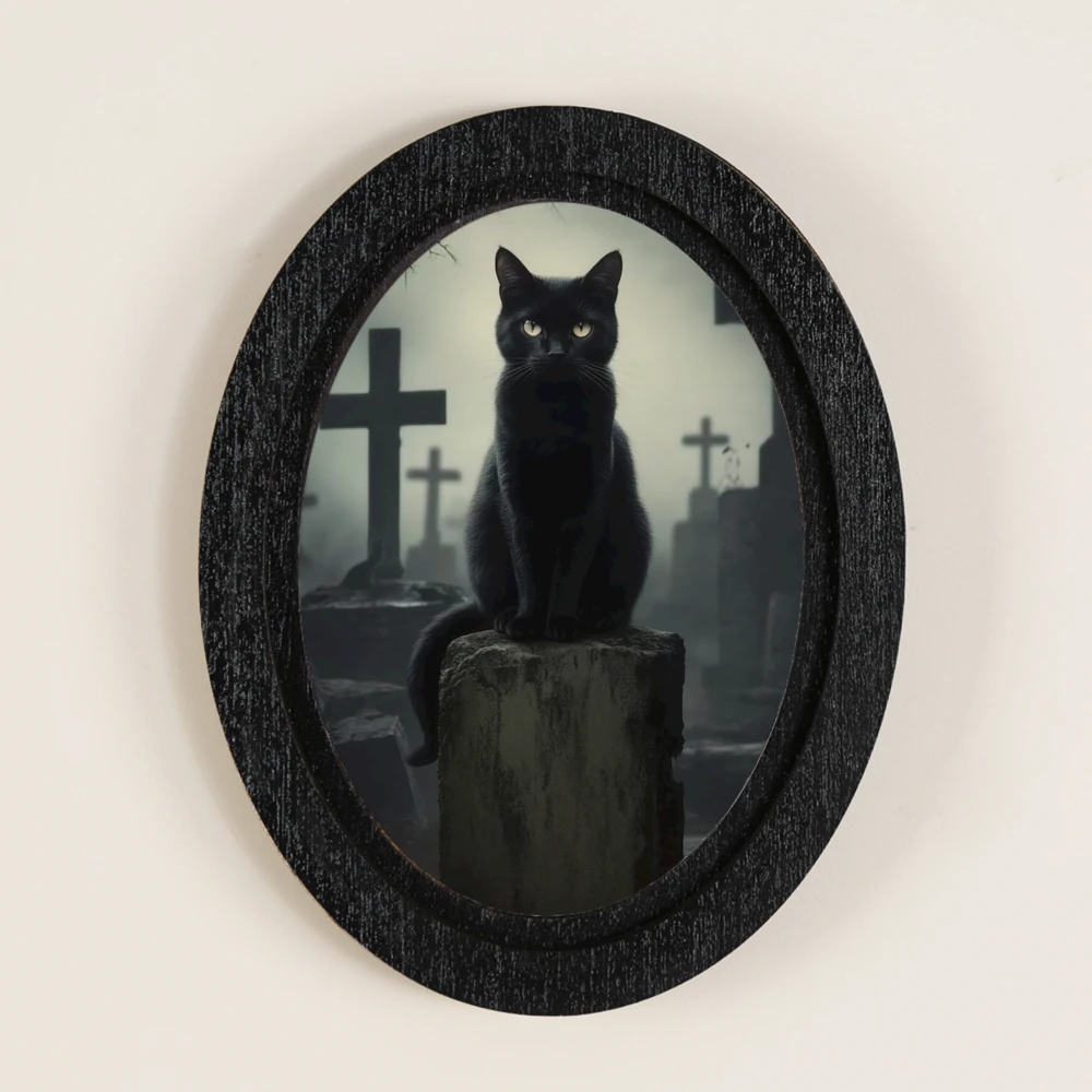 Cross - border Halloween - themed Decoration, Presenting the Element of a Black Cat in a Cemetery, Matched with a Retro Black Ov
