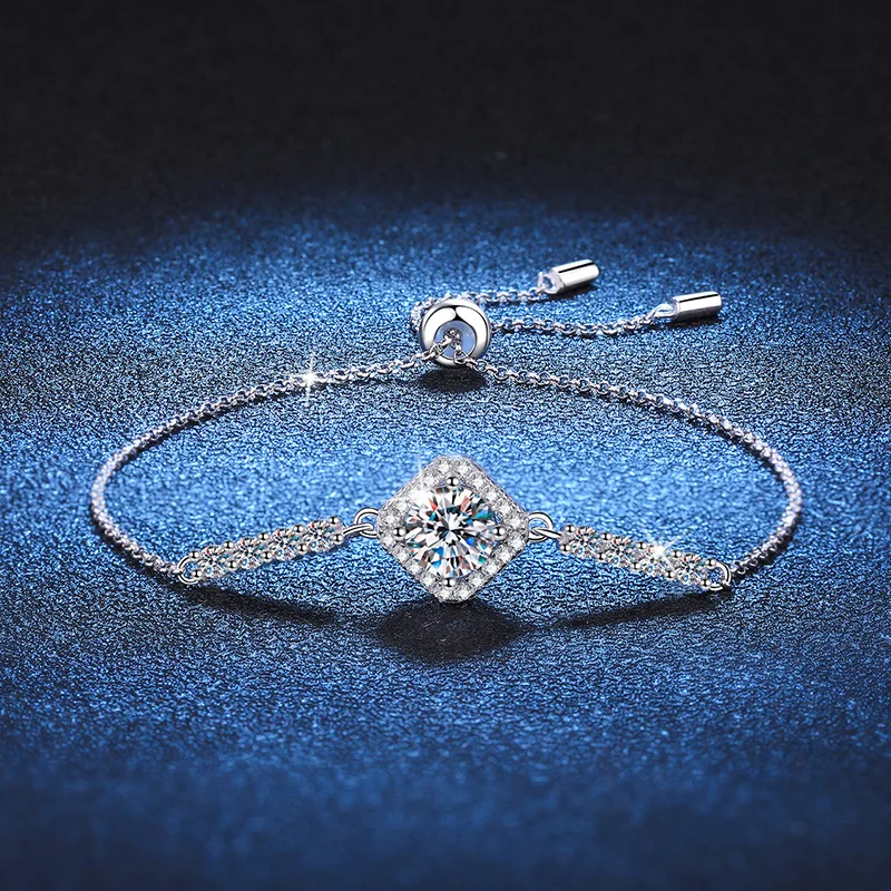 LioraGem Classic Brilliant Square Bag Adjustable Bracelet for Women, Moissanite D Color 1 Carat Bangle Platinum PT950 Stamp