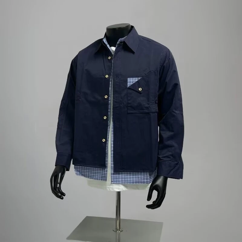 

Men's Fake Two Piece Plaid Trim Jacket Navy Blue Long Sleeve Casual Streetwear Top