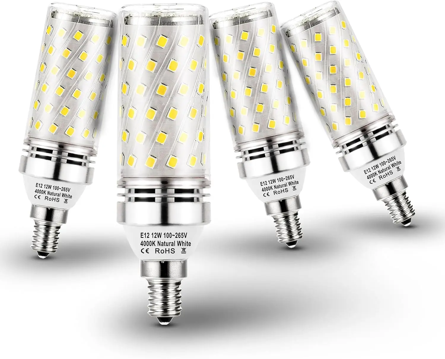 

Светодиодные лампы E12 12 Вт, эквивалент 100 Вт, 1200 лм, естественный белый свет, без регулировки яркости, 4 шт. для люстр и потолочных вентиляторов