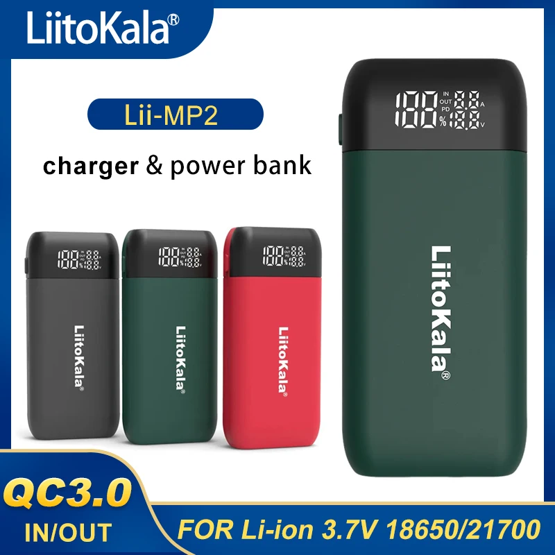 Nowy do ponownego ładowania z ładowarką LiitoKala Lii-MP2 i Power Bank 18650 21700 QC3.0 cyfrowy wyświetlacz wejścia/wyjścia