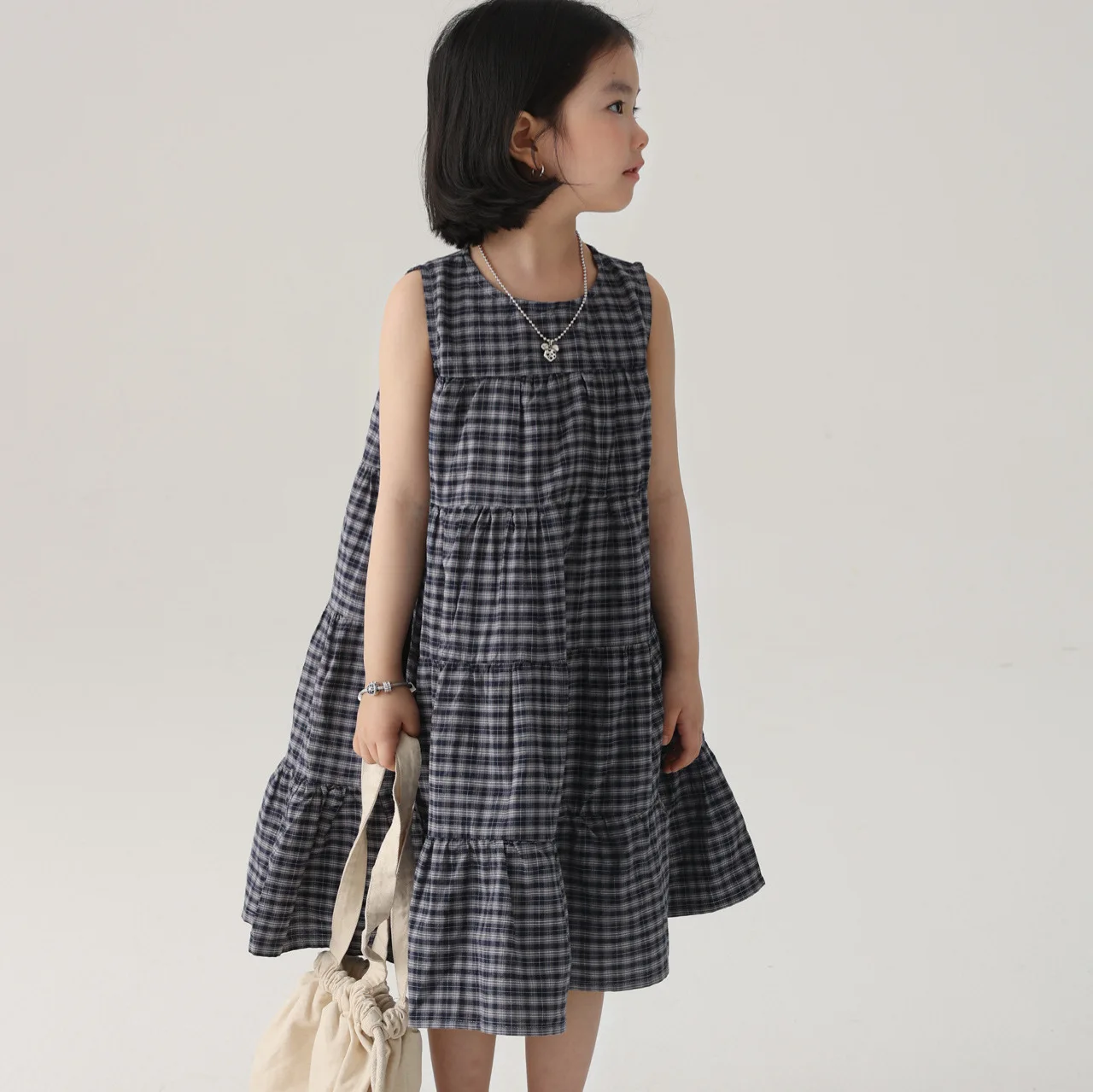 

Plaid Dress 2025 New Summer Fashion Cute Casual Loose All-match Checkered Cake Sleeveless Dress Kids Clothes Girls