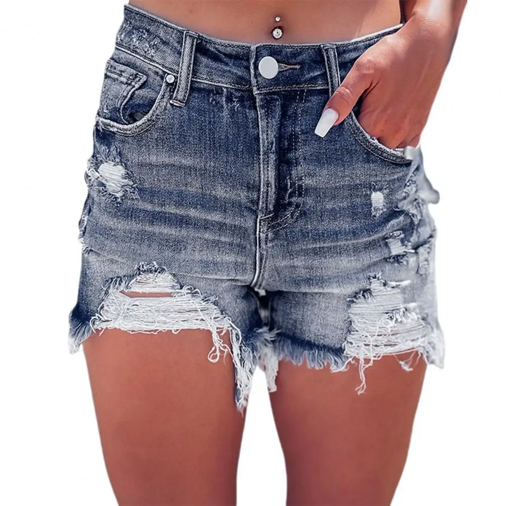 

Elastic Denim Shorts Stylish Women's Denim Shorts with Ripped Holes High Waist Slim Fit Trendy Button Zipper Closure for Hot