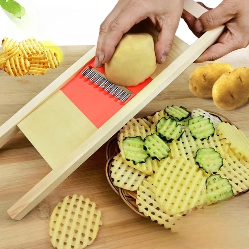 1-teiliger Waffelschneider aus Edelstahl – natürlicher Massivholzgriff, geschliffene Oberfläche, kein Kleber oder Spleiße, perfekt für Pommes Frites