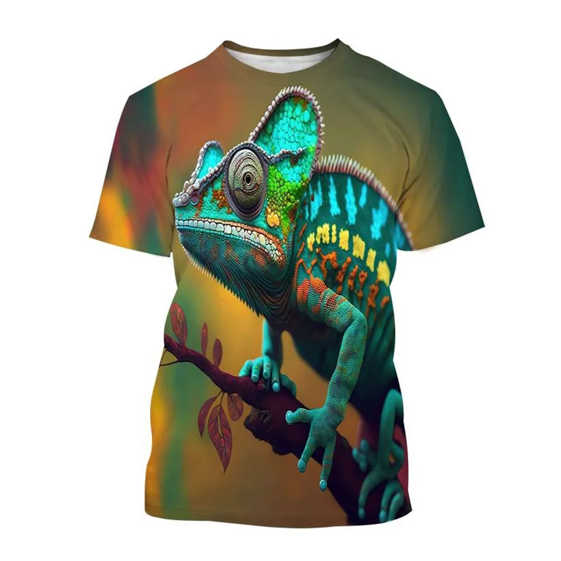 Animal Chameleon 3D Print T-shirt Men Reptile Iguana Round Neck Short-sleeved Lizard Pattern Tees Fashion Casual Tops T Shirts