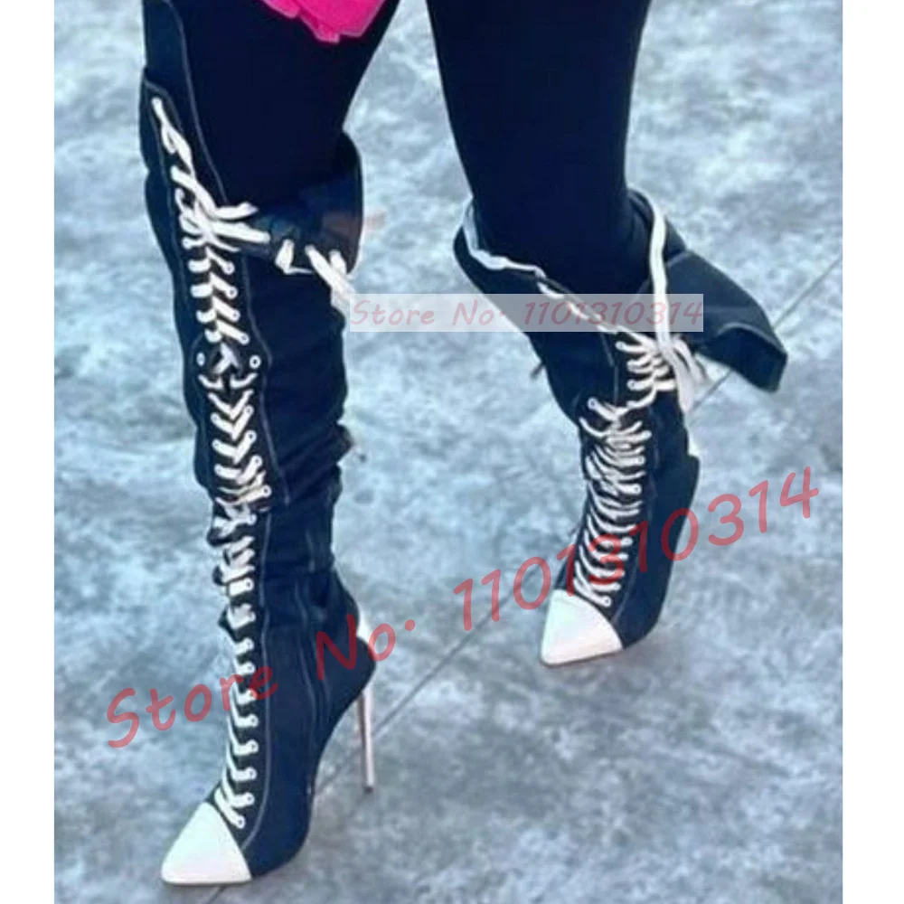 Blue Denim Pointed Toe Knee High Boots Women Fashion Sexy White Lace Up Stiletto Heel Shoes Ladies Streetwear Splicing Boots