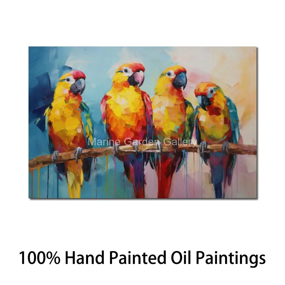 

Абстрактная картина на холсте: семейство попугаев, ручная роспись, красочное животное искусство, современный декор для студии или квартиры
