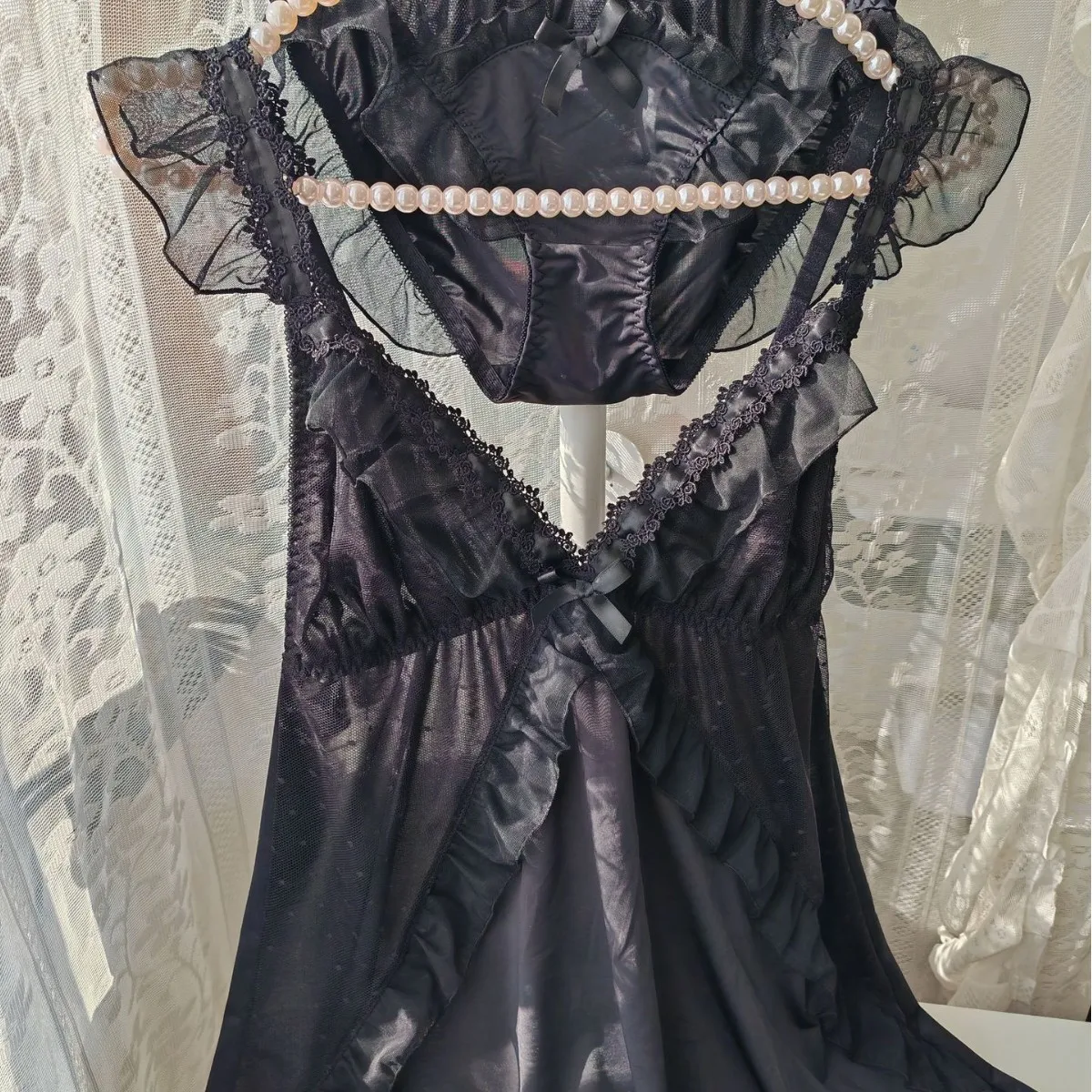 Women Black Ice Silk Nightgown Set Spaghetti Strap Bow Lace Ruffle Sleep Dress With Matching Panties Sexy Lingerie Home Pajamas view 2