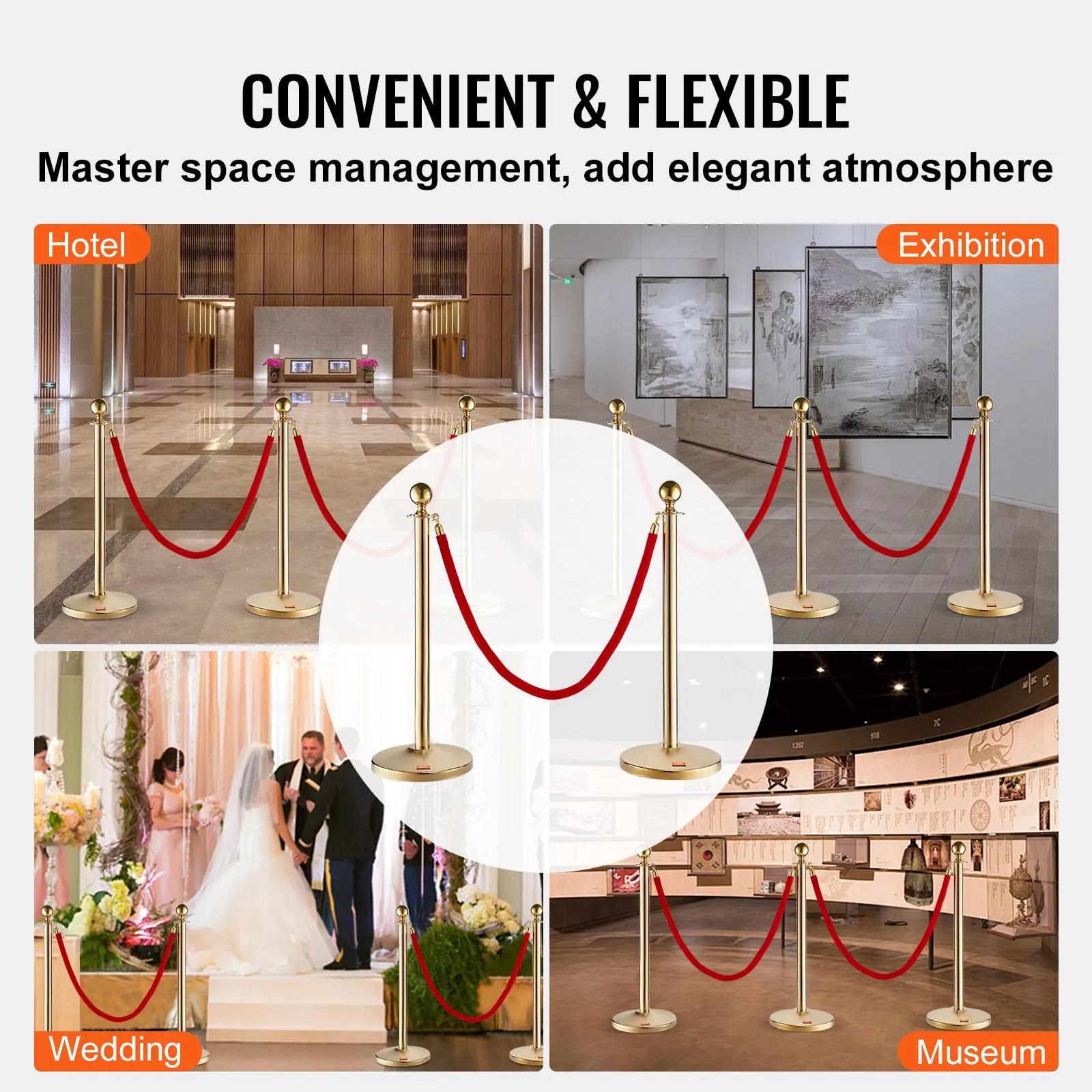 VEVOR 4 PCS Gold Crowd Control Barrier 5 ft/1.5 m Elegant Velvet Ropes and Posts Stainless Steel Stanchion with Ball Top