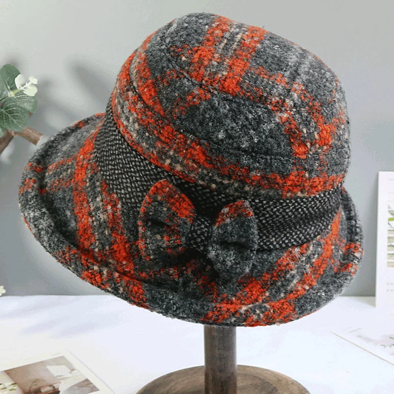 Woman's Hat Autumn And Winter Tweed Cap Hundred Knot Bow Check Basin Cap Rolled Edge Bucket Hat Salute