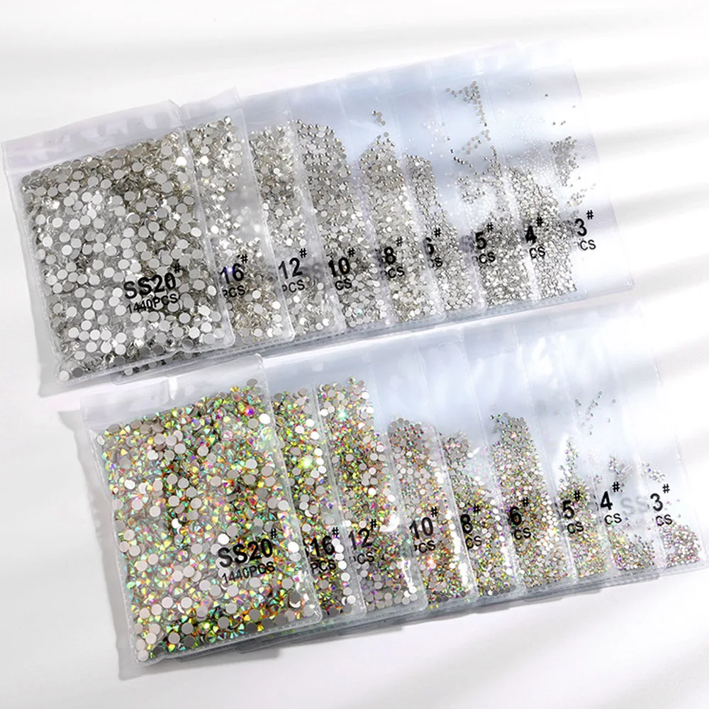 1440pcs/Bag SS3-SS20 Clear Crystal AB Color 3D Nail Art Rhinestones Garment Flatback Glass Stones Nail Art Charms Manicure Gems