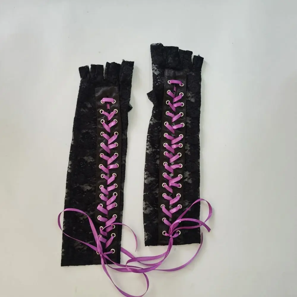 Slim Elastic Lace Strap Gloves Long Gloves JK Lolita Ribbon Half Finger Gloves Elbow Long Gothic Women Gloves Halloween Cosplay
