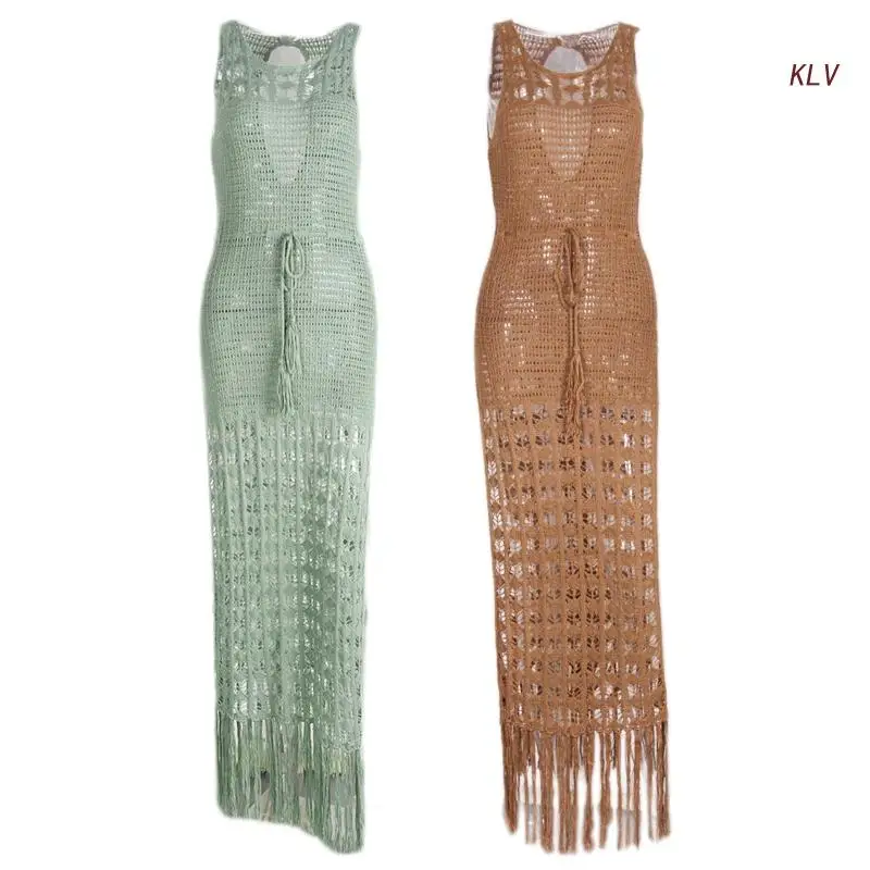 Womens Swimsuit Sunscreen Cover-Ups Tassel Long Sleeve Beachwear Dress Hollow Out Beachwear Shawl Vacation Bikinis Cover
