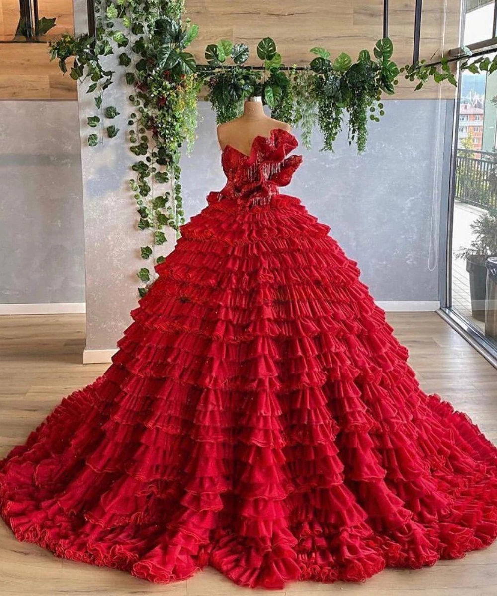 Luxury Red Evening Dresses Long Strapless Luxury Red Carpet Dress Princess Pageant Gowns Formelle Robes