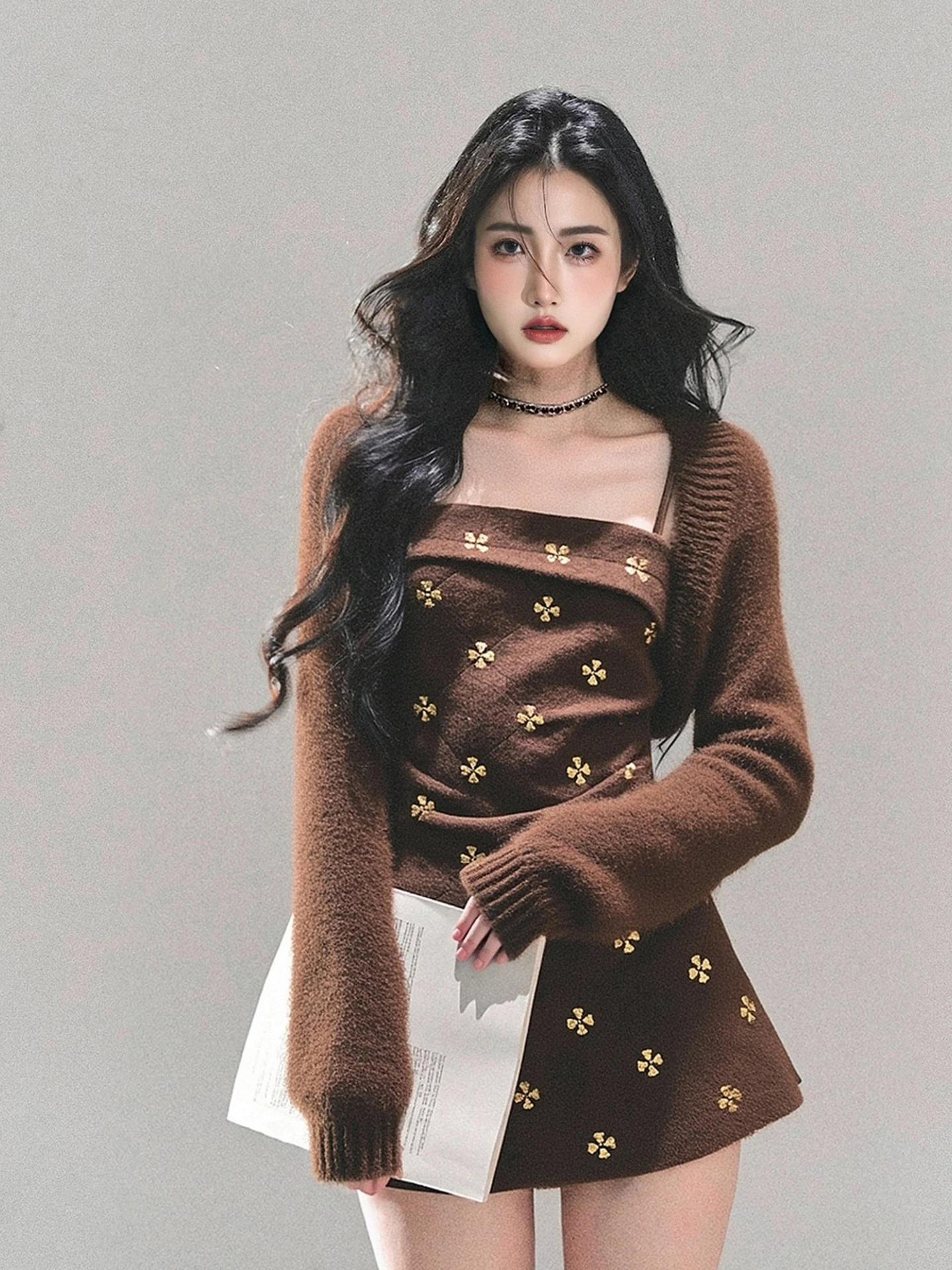 

Winter 2025 Korean Sle Knitted Dr Set Two-Piece Suite ort Sve Embroidered Warm Commute Faion for Women Adults