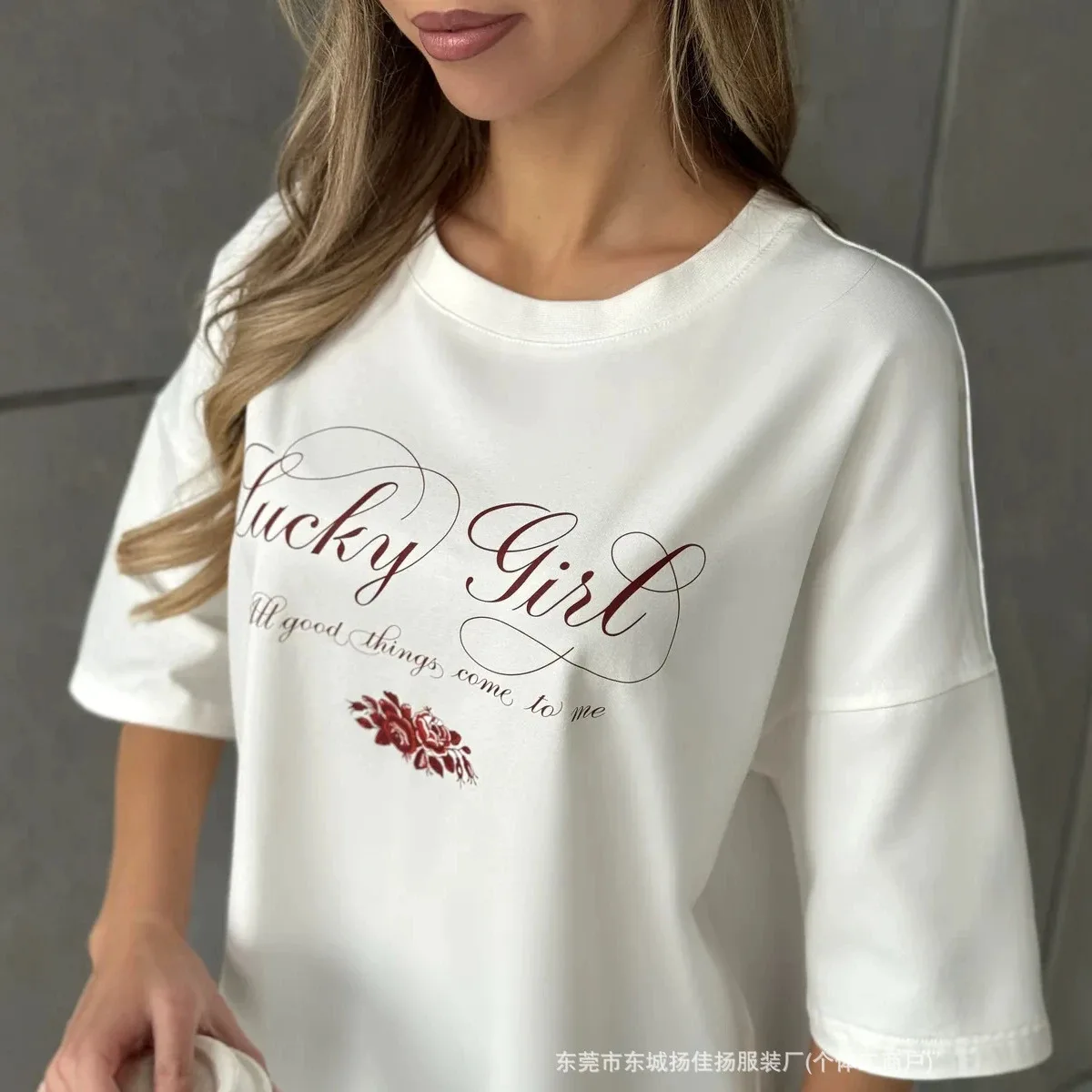Elegant Lucky Girl Positive Quote Burgundy Cursive Red Rose Floral Print Oversized White 100% Cotton Coquette Summer T Shirt