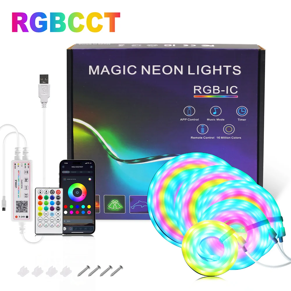 5V Bluetooth USB RGB CCT LED Neon Strip Light 5050 2835 2 in 1 24key Remote Control WS2812B RGBCCT Kit 108LEDs/m IP67 Flex Decor