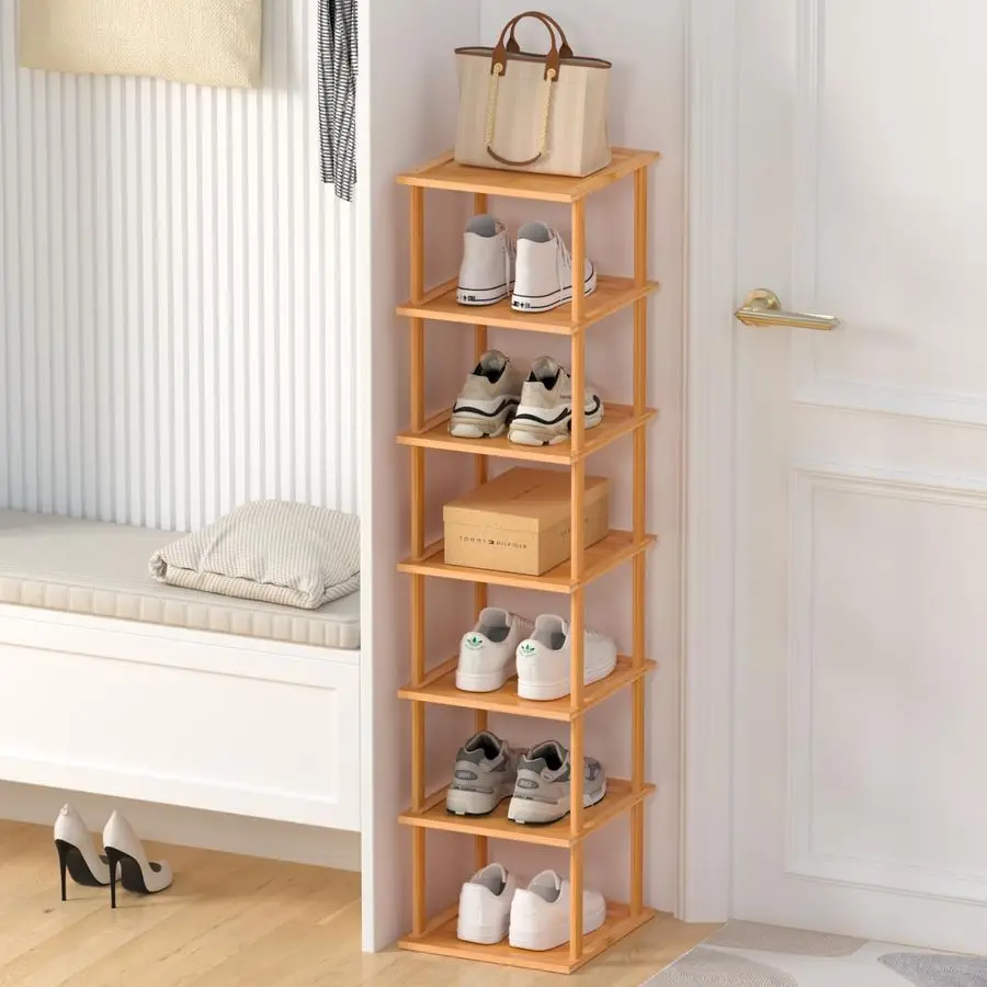 

Free Standing Shoe Rack Shelf Multi Tier Tall Wooden Stackable Shoes Rack Organizer for Closet Front Door Entrance Narrow Vertic
