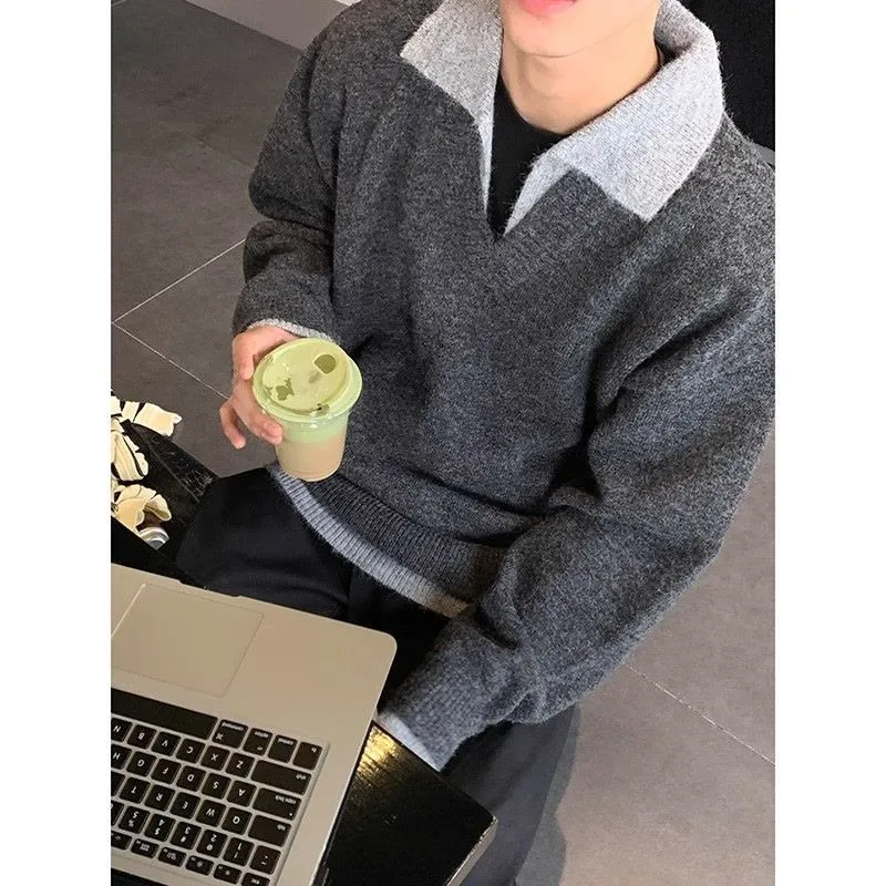 Koreanischer Retro-Spleiß-Fälschungs-Zweiteiler mit Polokragen für Herren im Herbst und Winter, lockeres, lässiges Pullover-Pullover-Oberteil