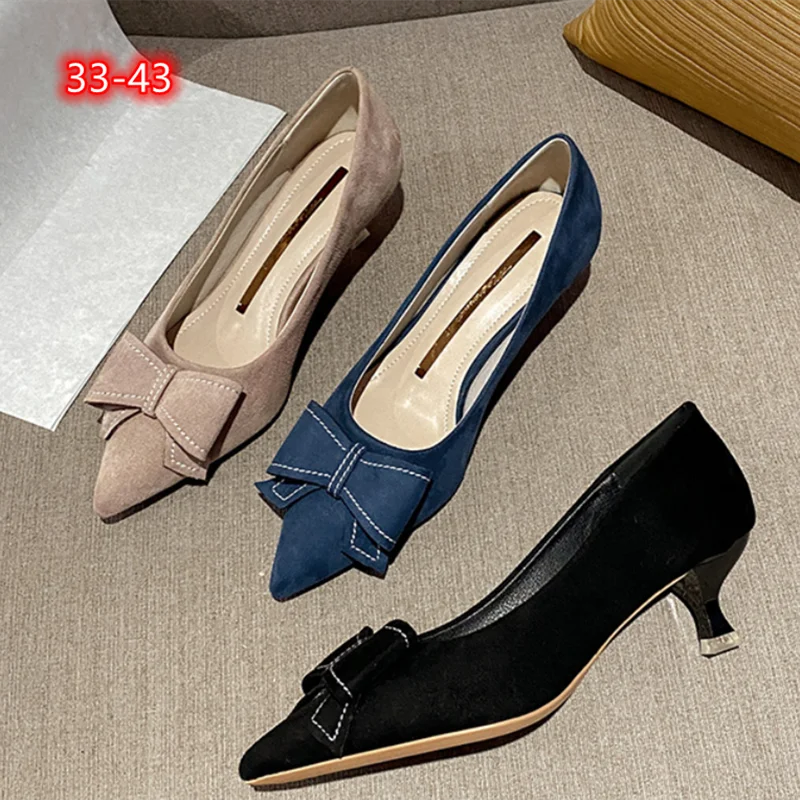 Women Sweet Seam Bow Pointed Toe Pumps Kitten Heels Flock Cloth Shoes Snug Slip-On In Blue Black Beige 33-43 Narrow Feet Tacons