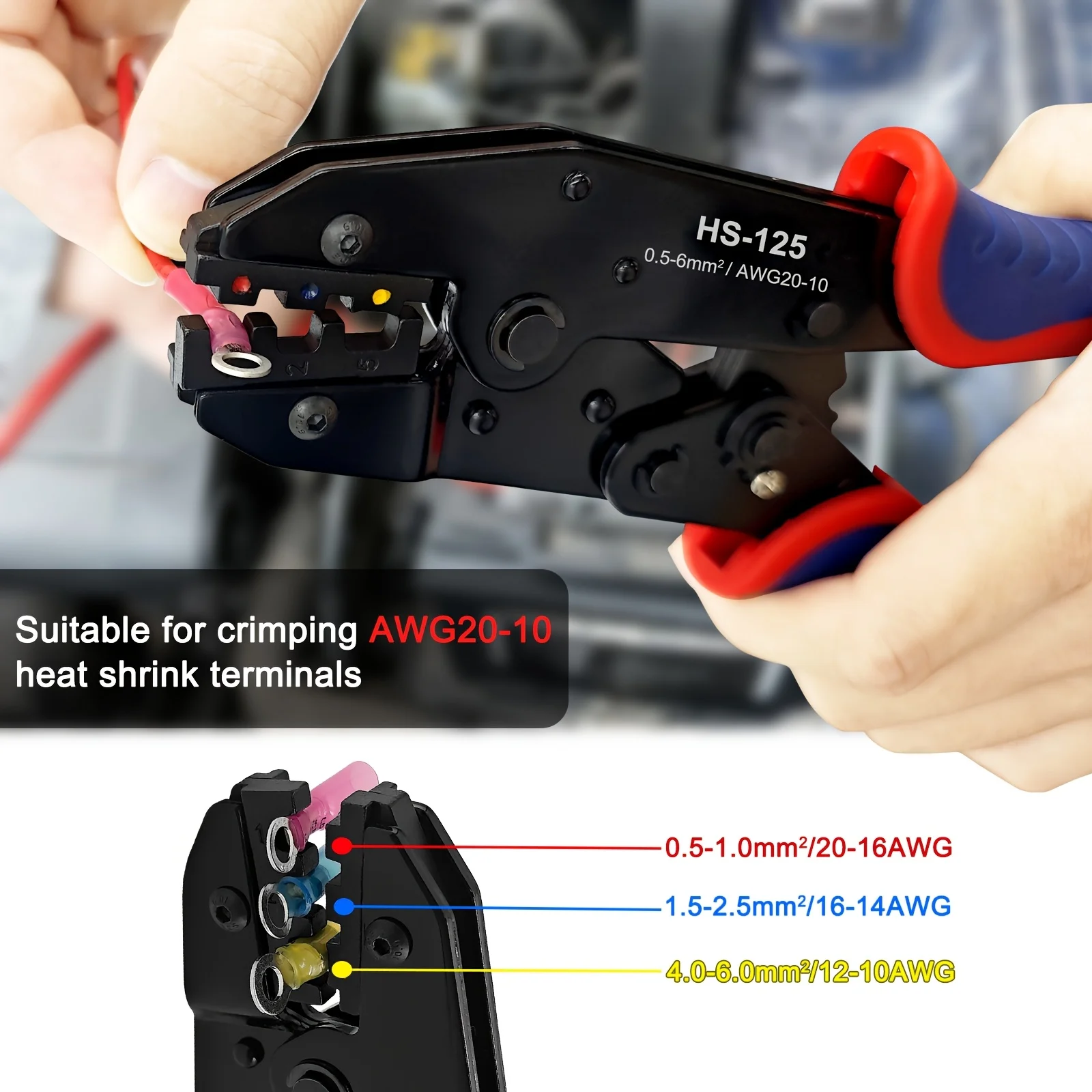 HS-125 Ratchet Wire Crimping Tool for Heat Shrink Terminals AWG 20-10 Insulated Nylon Wire Terminals Wire Crimper Tool