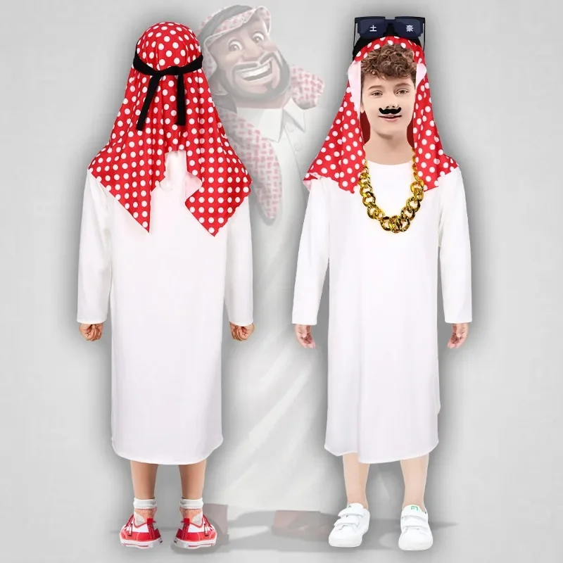

Halloween Middle Eastern Rich Dubai Prince Cosplay Costume Saudi Arabian Thobe Funny Cos Outfits for Themed Parties and Events
