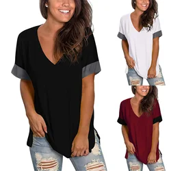 2024 Europe and the United States spring and summer cross-border new women's base shirt solid color V-neck short-sleeve stitchin