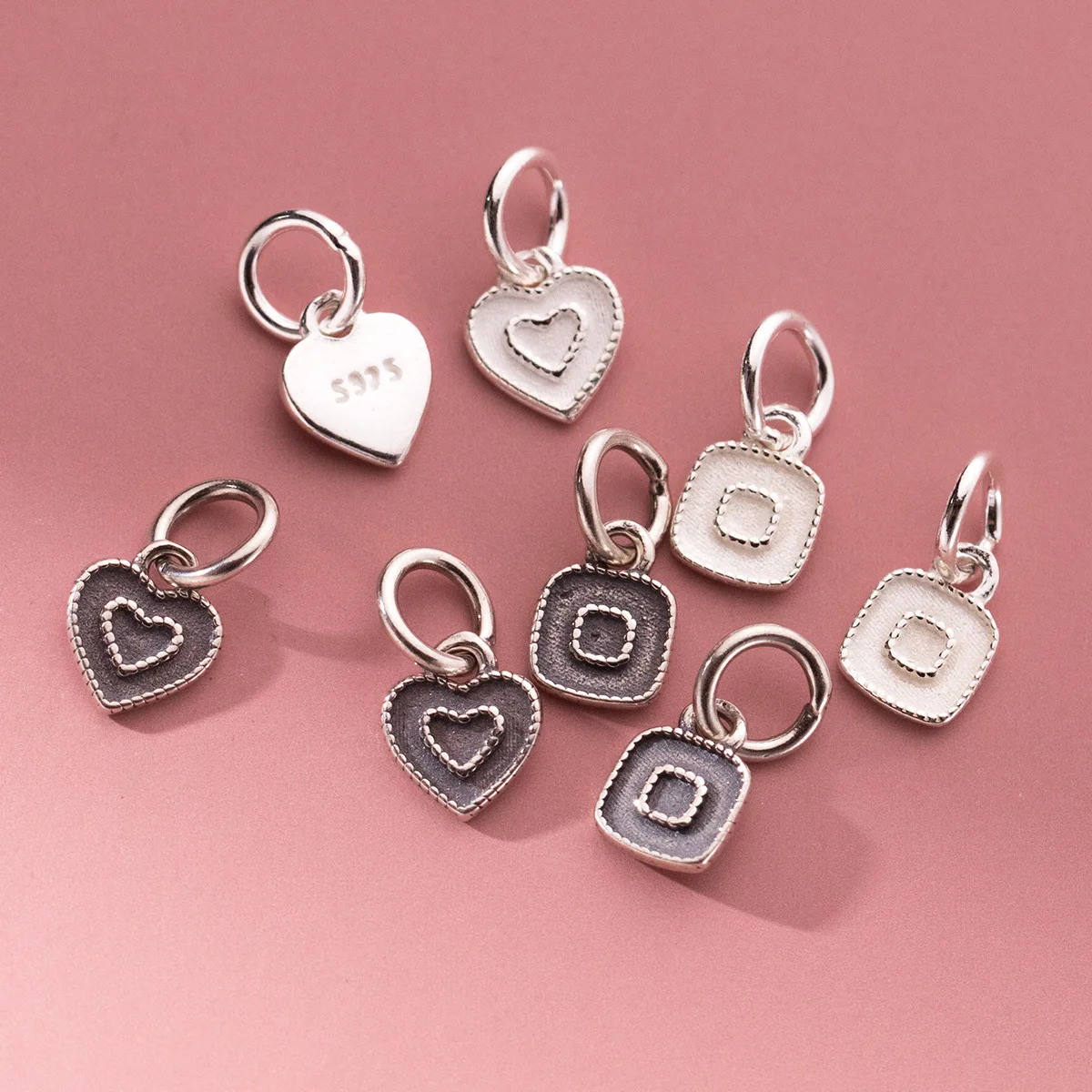 100% Real Sterling 925 Silver Accaccessories Hearts and Square Charm Pendant For Bracelets Necklaces Key Diy Material S0988