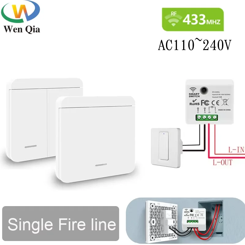

WenQia Single firewire Wireless Light Switch AC 110V 220V 10A Relay Receiver ON OFF for Led Lamp (No need Neutral Wiring)