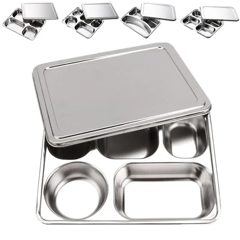 304 Stainless Steel Divided Dinner Tray Lunch Container Food Plate for School Canteen 3/5/4 Section Divided Bento Tray Tableware