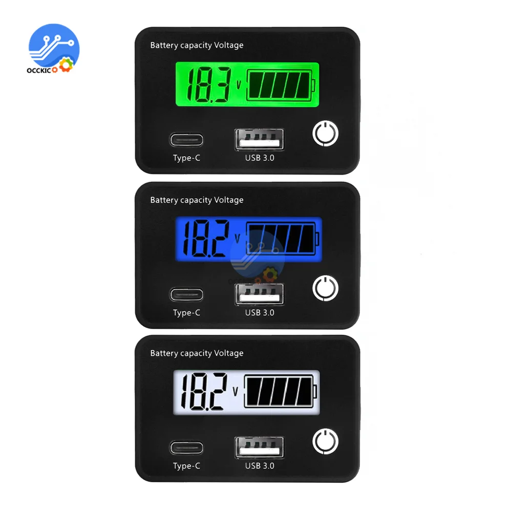 6-in-1 Battery Capacity Indicator DC8-30V Lead Acid Lithium Batteries Level Tester USB3.0 Tpye-C Digital Voltmeter Voltage Meter