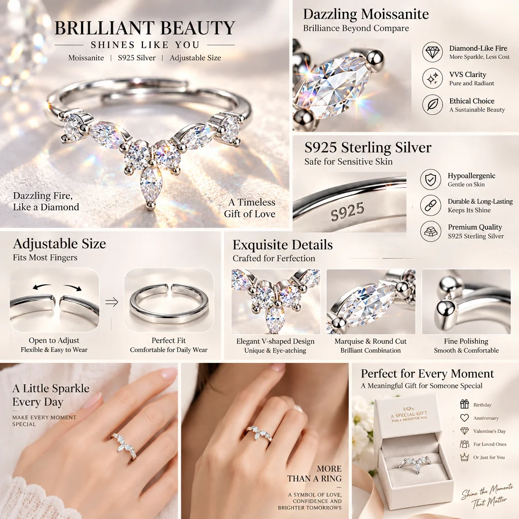Marquise-Ring mit GRA-Zertifikat, S925 Sterling Silber Moissanit-Ring, D VVS1 3EX Schliff, Funkelnder Moissanit-Bandring, Hochzeits- und Partygeschenk – Detail 2
