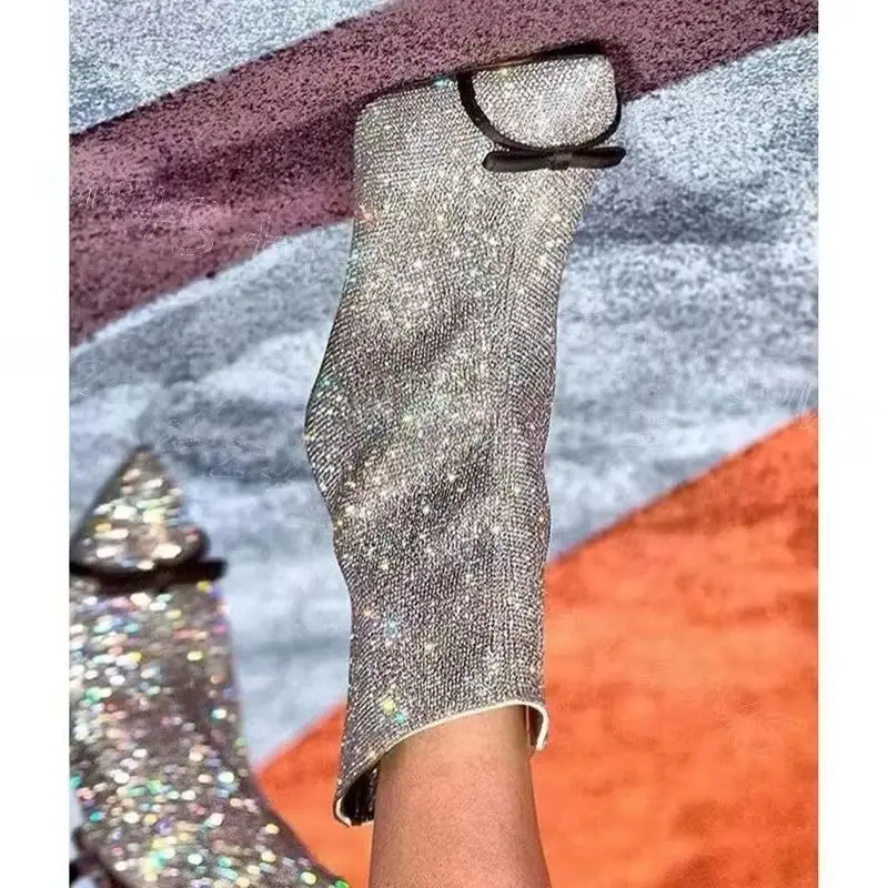 

Silver Rhinestone Bow Knot Pointed Toe Boots Side Zipper Women Shoes Thin High Heels Party Feast Dating 2026 Zapatos Para Mujere