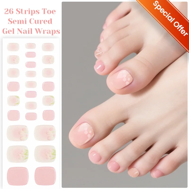 26/32개 발가락 반경화 젤 네일 스트립 레드 브라운 젤 네일 스티커 핑크 블루 젤 네일 랩 젤 폴리쉬 스티커 네일 아트 스티커