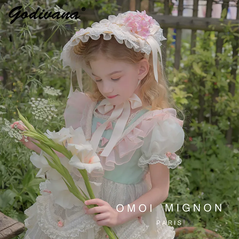 Original French High End Luxury Baby Girls Lolita Princess Dress Kids Puff Sleeve Lace Trim Floral Tulle Birthday Party Dress