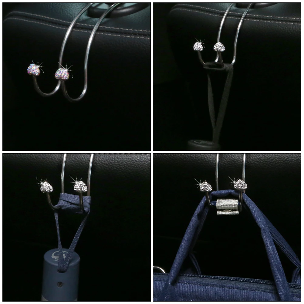 

2PCS Car Headrest Hanger Rhinestone Heart Shape Back Seat ganizer Stainless Steel Durable Safe Portable Car Hook