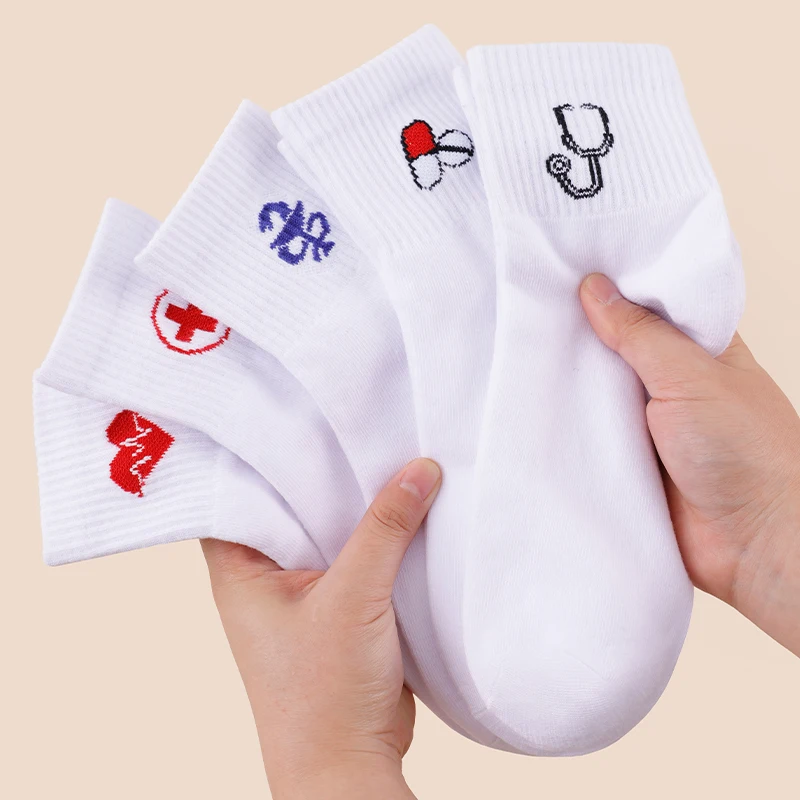 5 Pairs Four Seasons Women's Nurse Theme Socks - Suitable For Doctors, Comfortable, Breathable, And Durable White Long Socks