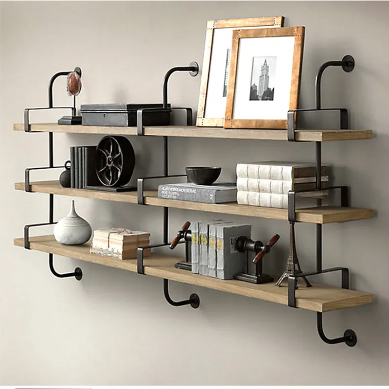 

Simple retro solid wood wrought iron bookshelf creative wall laminate baffle shelf wall shelf shelf