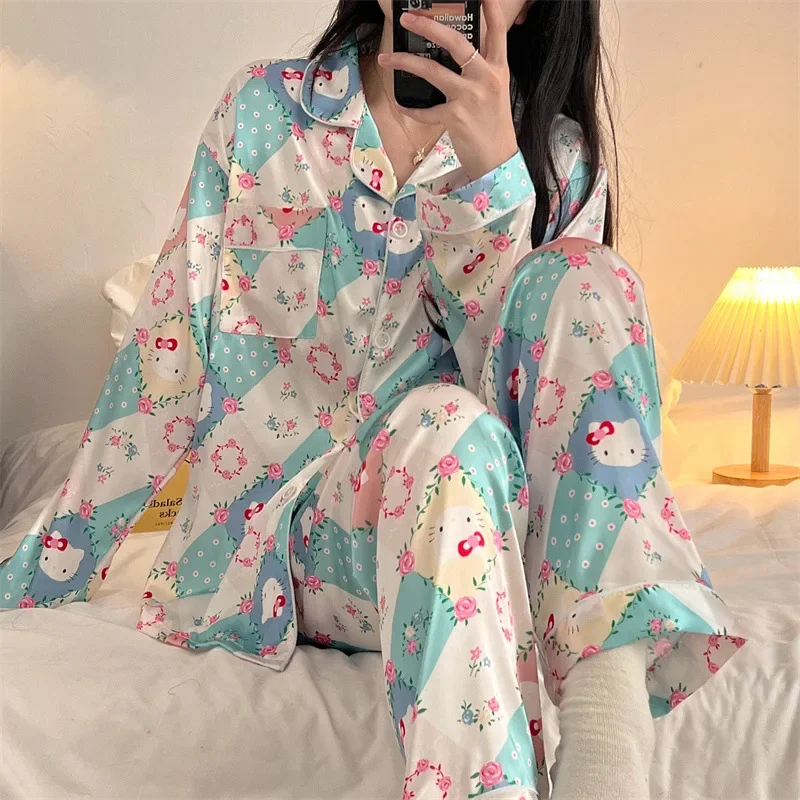 Sanrio Hello Kitty Pajama Set Women Loose Comfortable Long Sleeve T-shirt Cute Cartoon Home Clothes Kawaii Gift 2pcs 1set