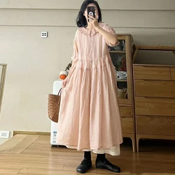Johnature Japanese Ramie Cotton Ruffle Neck Dress Women 2025 Summer New Mori Women Loose Casual Simple Solid Color Dresses
