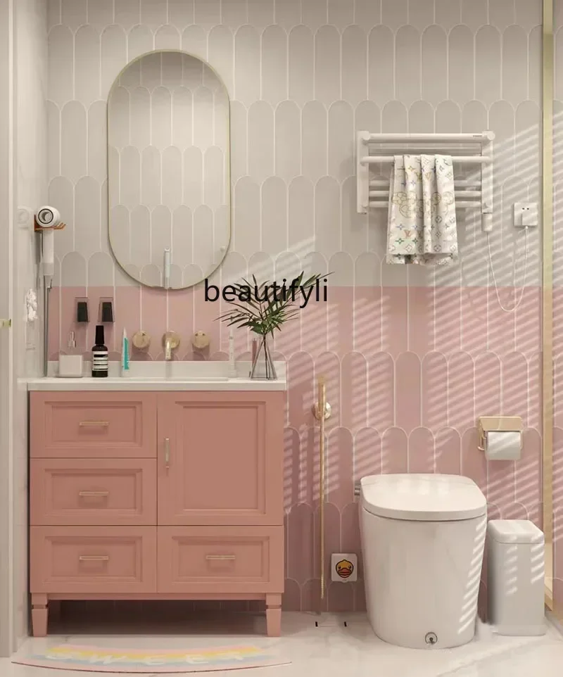 

SS03A Floor Bathroom Cabinet Pink Bathroom Table Oak Bathroom Cabinet Washbasin Combination