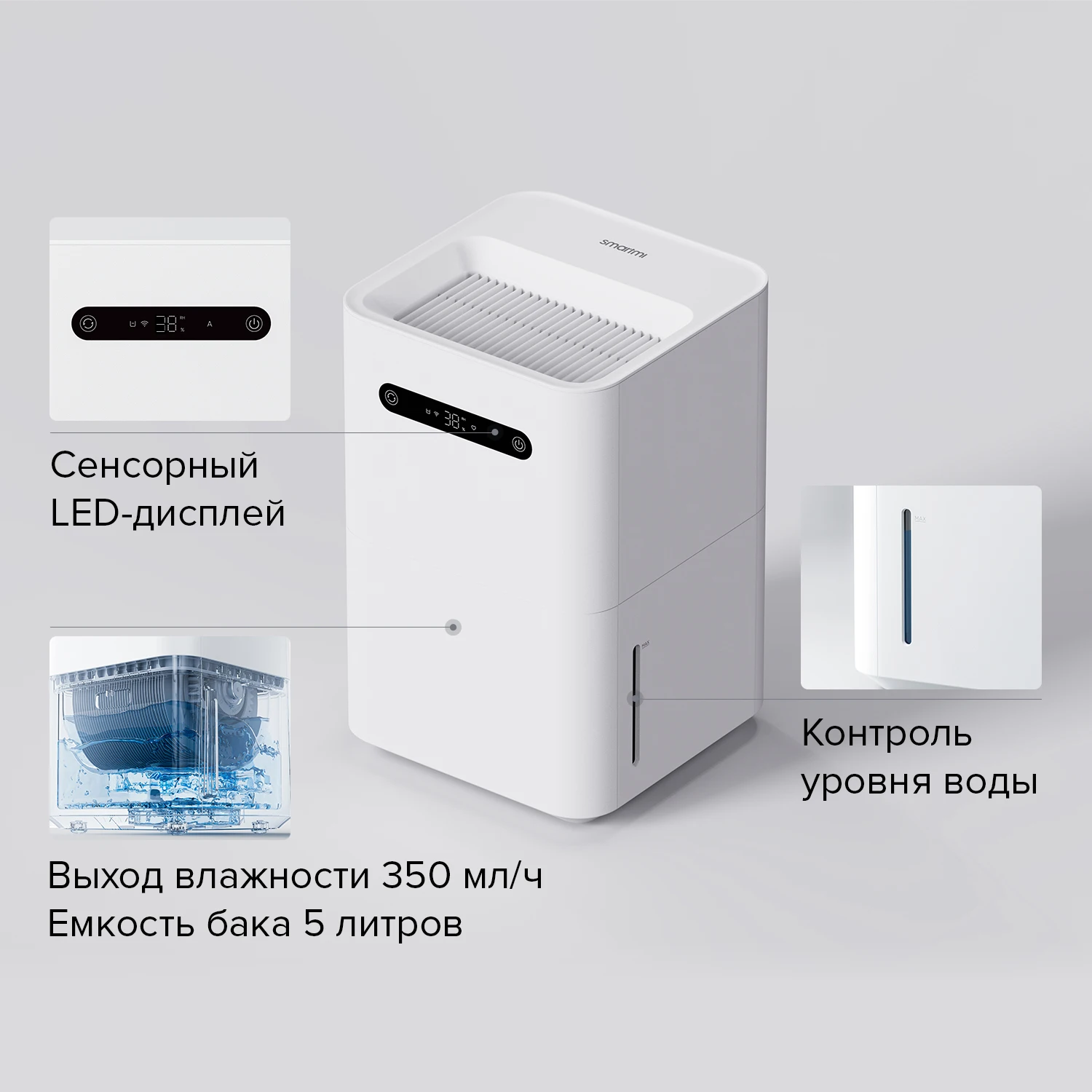 Увлажнитель воздуха Smartmi Evaporative Air Humidifier 3, CJXJSQ05ZM, естественное испарение, управление через приложение Mi Home/голосовое