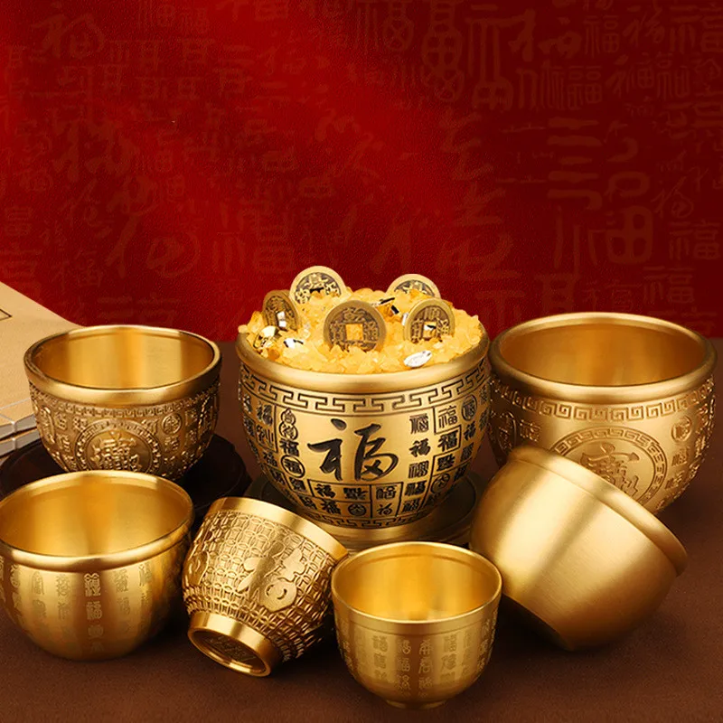 Brass Baifu Cup Rice Pot, Wealth Pot Living Room and Study Copper Ornaments Baifu Cup Dragon and Phoenix Cup Brass