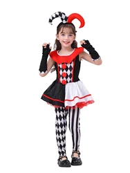 Girls Poker Pattern Jester Clown Cosplay Dress Outfit Kids Halloween Carnival Party Costume